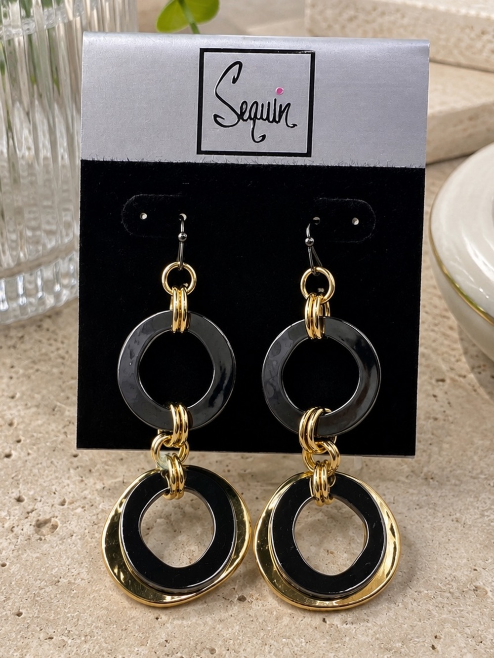 Sequin Mixed Metal Hammered Circle Drop Earrings (BR1111/4)